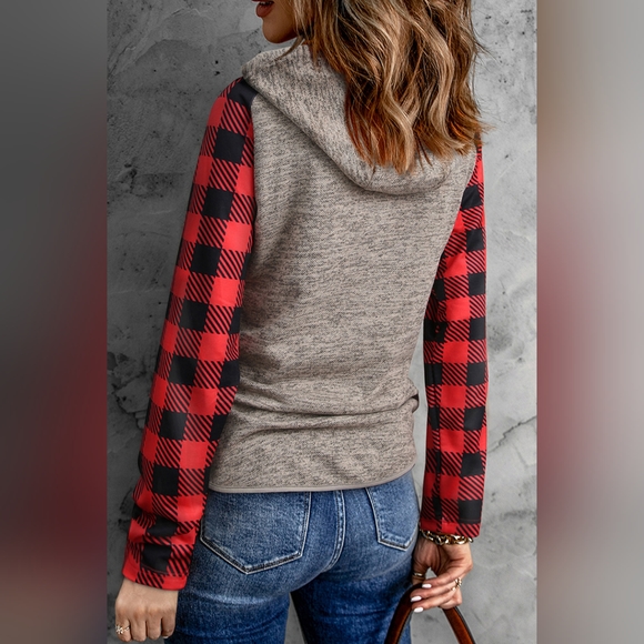 Fashion Plaid Leopard Print Half Snap Drawstring Christmas Hoodie Top. NWT - Picture 4 of 5